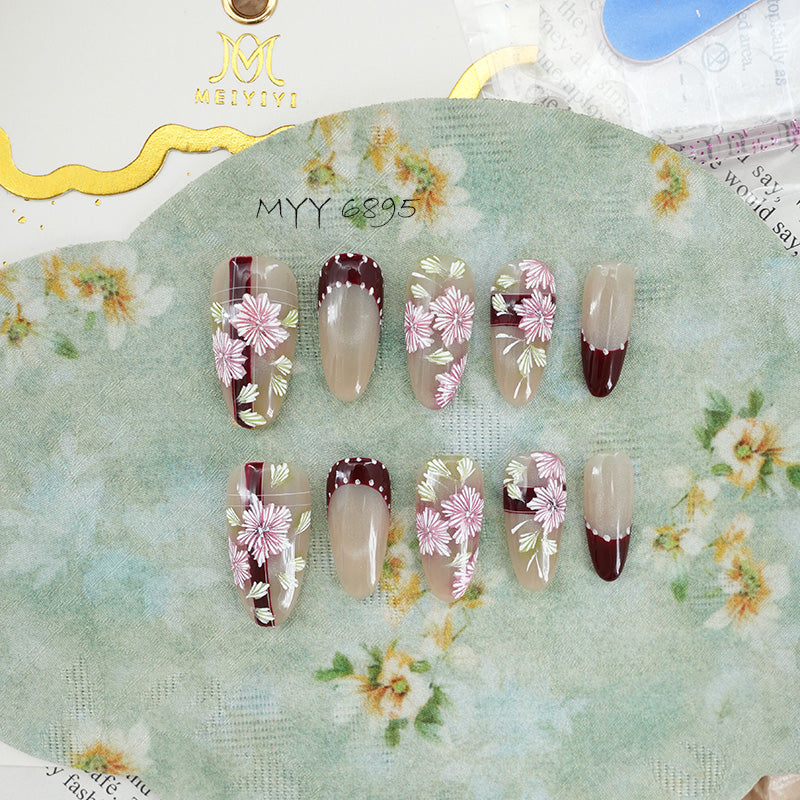6895-MYY Original handcrafted wine-red border with hand-painted floral designs, a sophisticated wearable nail art piece