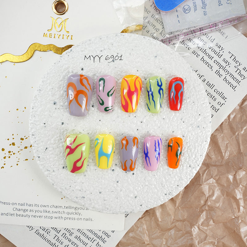 6901-MYY Handmade Short Nails with Dopamine-Coloring Hand-painted Flame Art in a Spicy Girl Style Wearable Nail Artwork