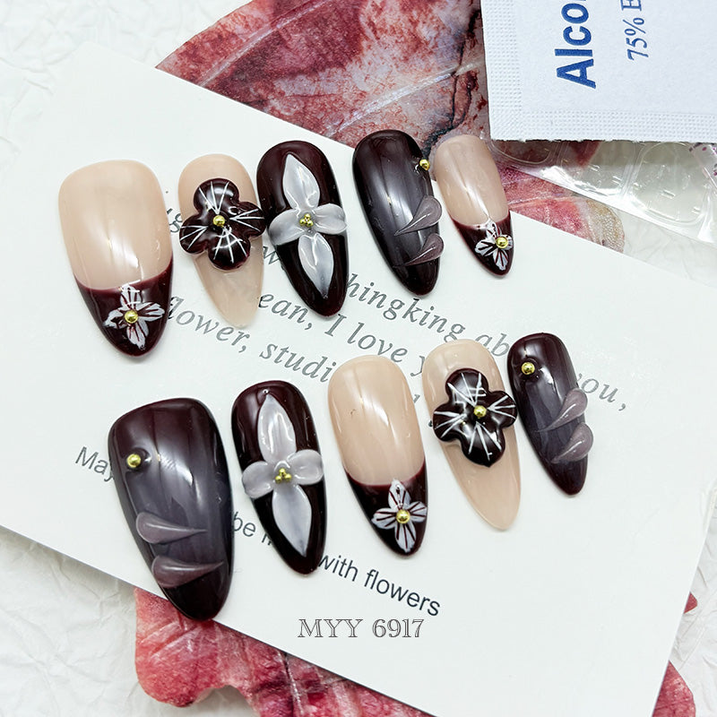 6917-MYY Original high-end custom-made retro wine-red nude carved wearable nail art