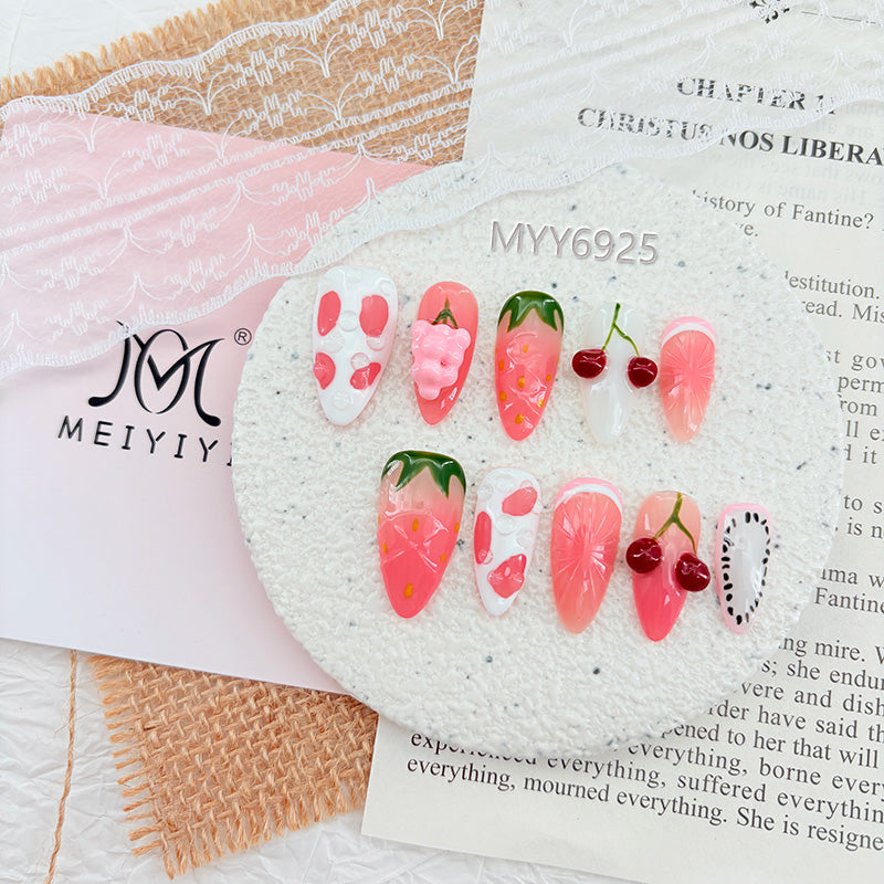 6925-MYY Handmade 3D Cherry Strawberry Pink Wearable Nail Art
