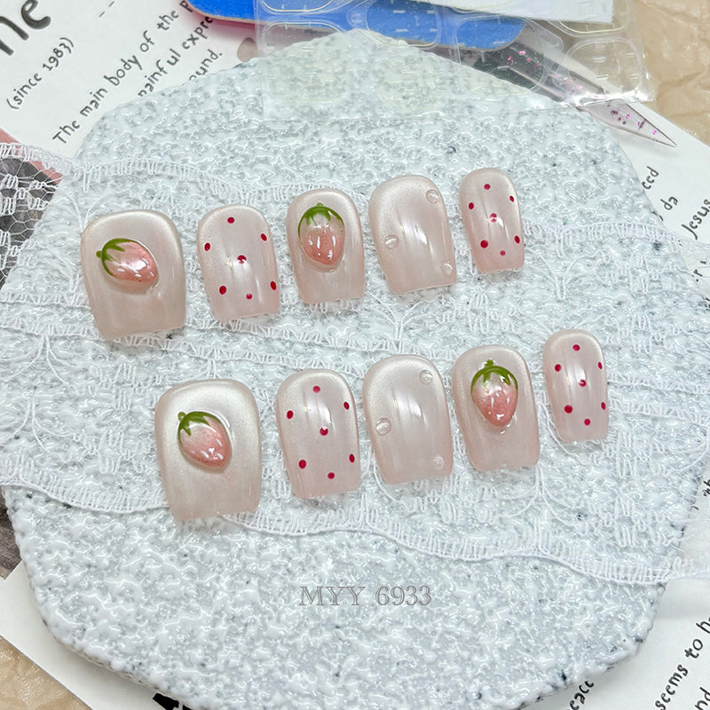 6933-MYY Handmade Ice-Translucent Nude Pink 3D Strawberry Hand-painted Wearable Nail Art