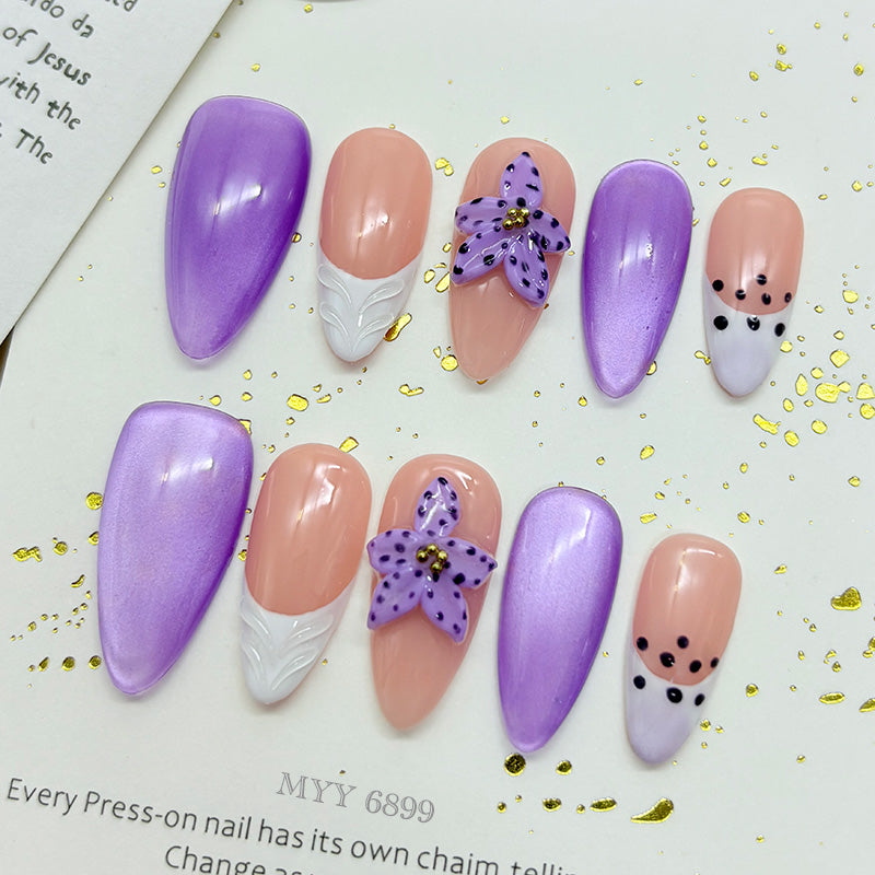 6899-MYY Original high-quality, handcrafted purple carved nails in a sweet style, wearable art pieces