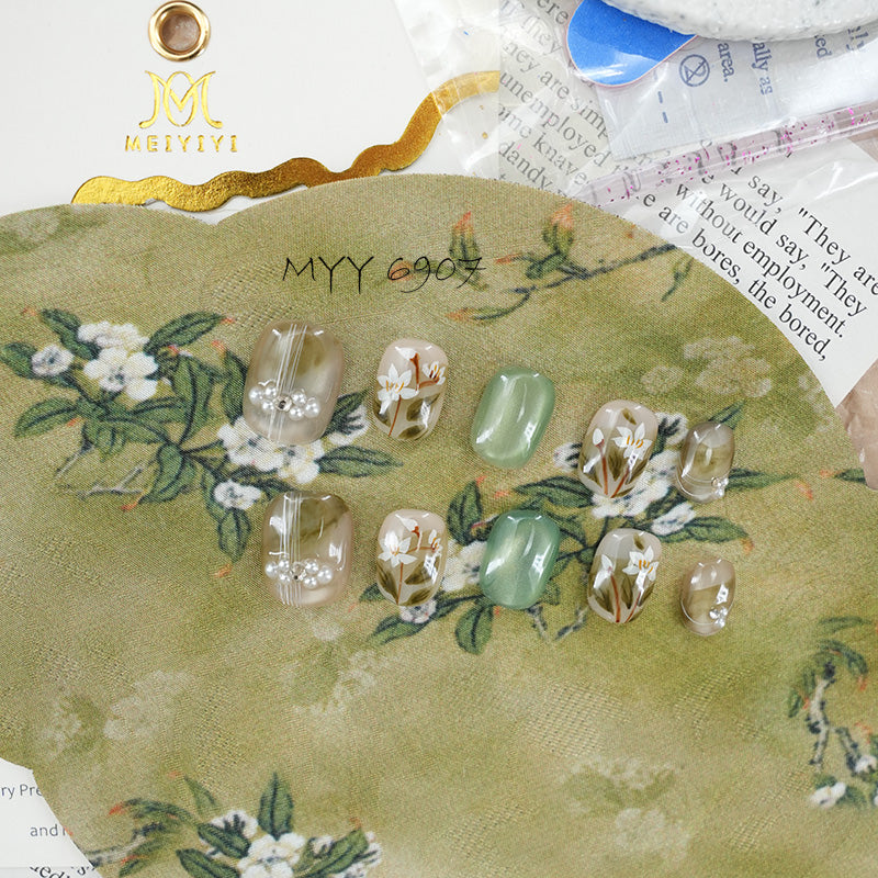 6907-MYY Designer's original green and fresh cat-eye hand-painted flower wearable art nail