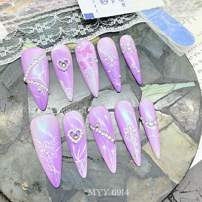 6914-MYY's Designer's original high-end custom-made diamond jewelry with hand-painted gradient purple, luxurious wearable nails
