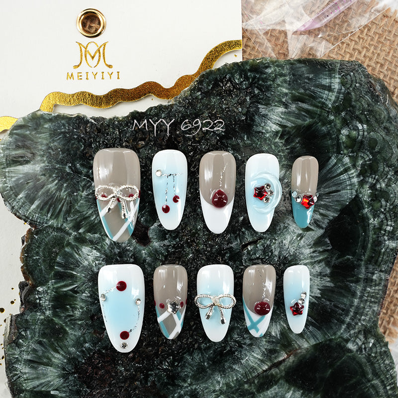 6922-MYY High-end custom wearable art nails with blue gradient red diamond bow
