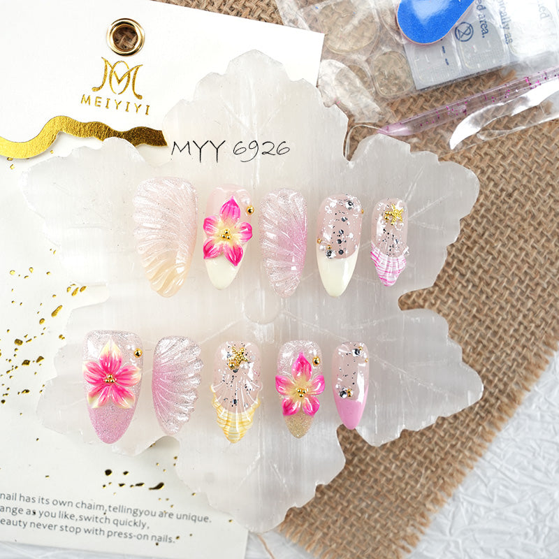 6926-MYY Original Handcrafted Pink French-Style Carved Premium Wearable Nails